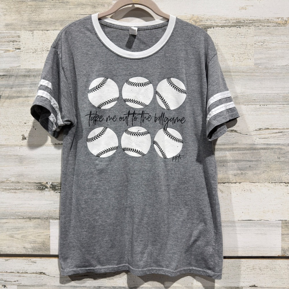 Jerzees Graphic Tee Women M Gray Baseball Take Me Out To The Ballgame GUC*